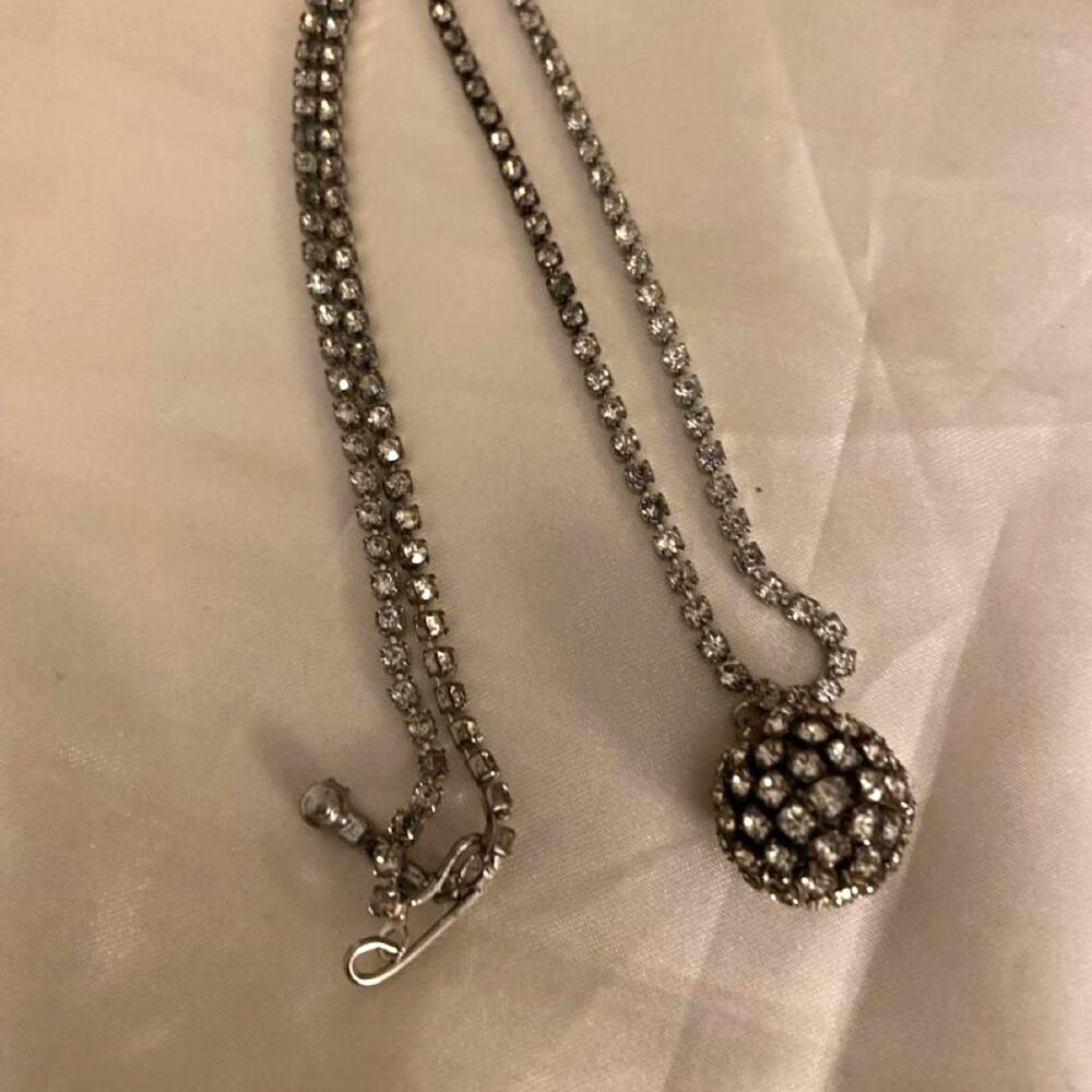Vintage Rhinestone Pavé Ball Pendant Necklace Silver Tone Hook Clasp